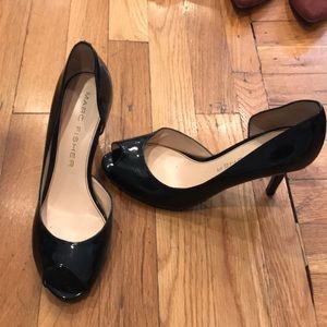 Marc Fisher black patent peep toe pumps